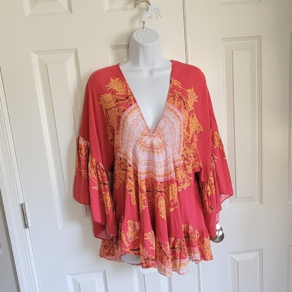 Free People Sunset Dreams boho print bell sleeve salmon color top women's‎ XS - Picture 6 of 16